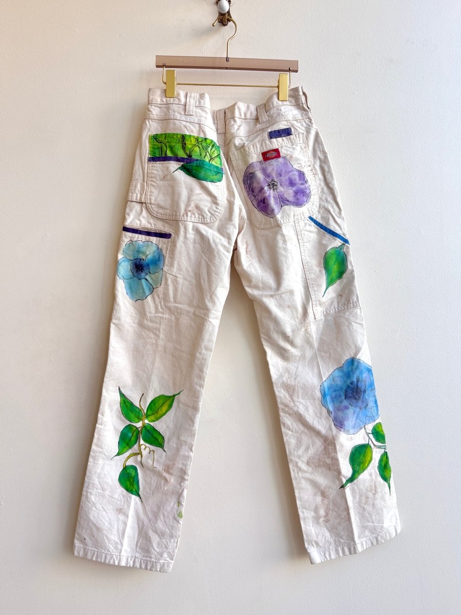 Large Blue Morning Glory Painter Pants with Color Blocked Pockets | Hand Painted (Reworked) - Made X Hudson