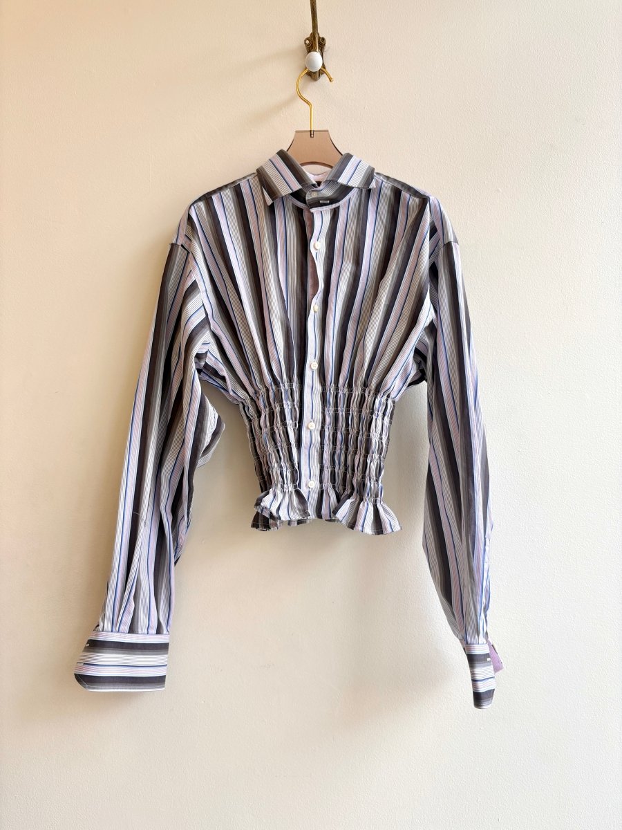 The George Top | Grey, Brown, Red, & Blue Striped Button Down Top w/ Smocked Waist (Reworked) - Made X Hudson