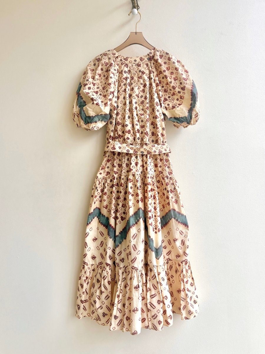 Ulla Johnson | Printed Maroon and Blue Puff Sleeved Dress (Vintage) - Made X Hudson