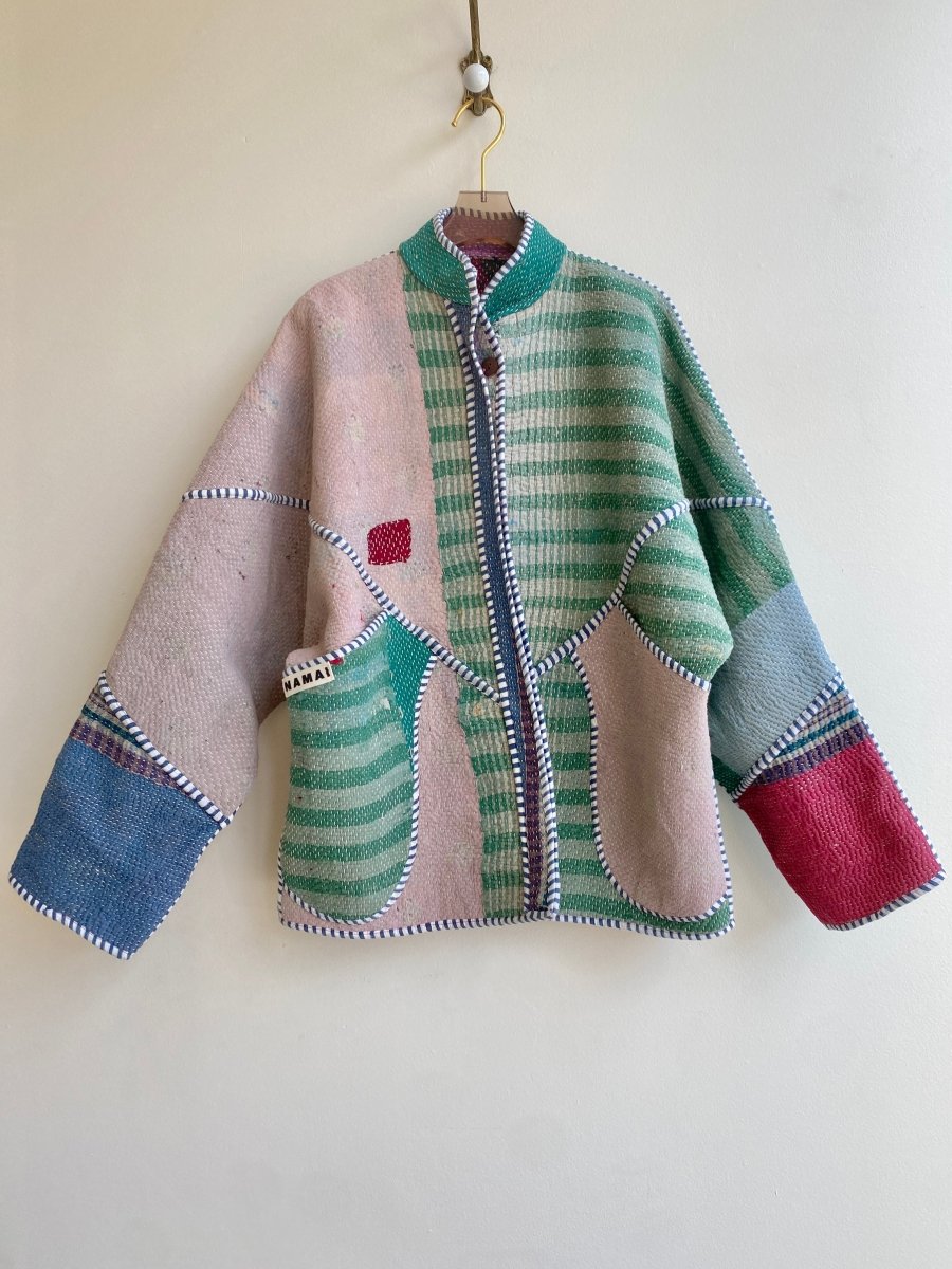Reversible Ladhiya Quilted Jacket in Colors Mint, Pale Pink & Pink, Purple, Blue Patchwork - Made X Hudson