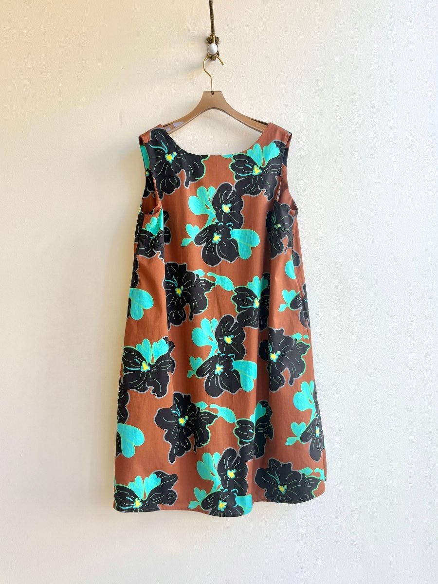 Brown, Black and Blue Floral 1961 Chestnut Print Watteau Dress - Made X Hudson