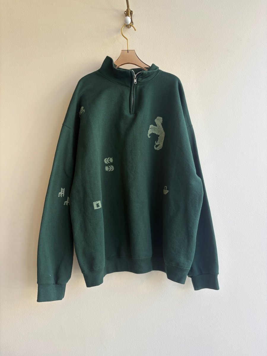Lime Tiny Print Half Zip in Emerald | Block Printed (Reworked) - Made X Hudson