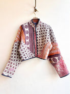 Reversible Kaira Quilted Cropped Jacket in Colors Lavender and Grey Stripes & Mauve, Peach, Cream, Pale Pink - Made X Hudson