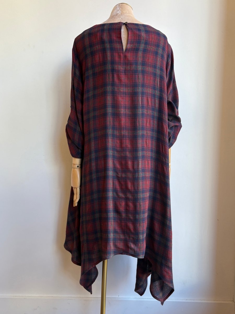Red & Navy Plaid Handkerchief Hem Dress w/ Patch Pockets - Made X Hudson