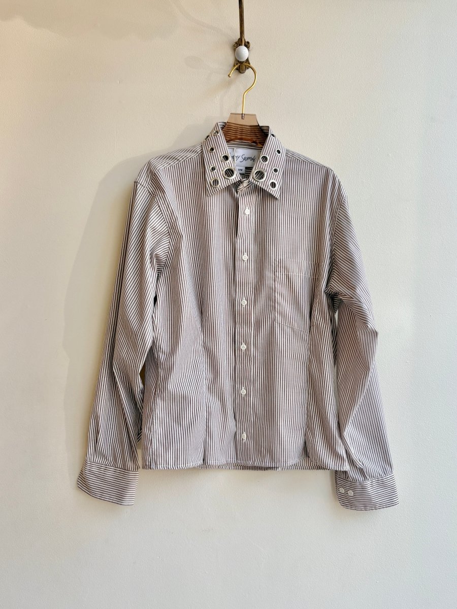 The Mike Top | Brown & White Striped Button Down Top w/ Gathered Waist & Grommet Collar (Reworked) - Made X Hudson