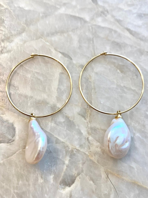 Baroque Pearl Dangler 18k Gold Fill Hoop Earrings (Multiple Colors) - Made X Hudson