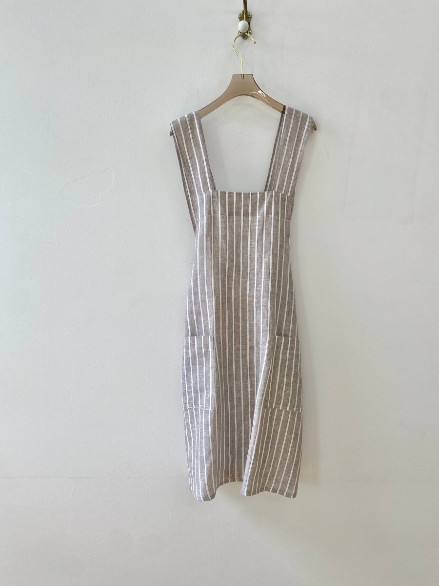 Brown Pinstripe Linen Pinafore Apron w/ Patch Pockets - Made X Hudson