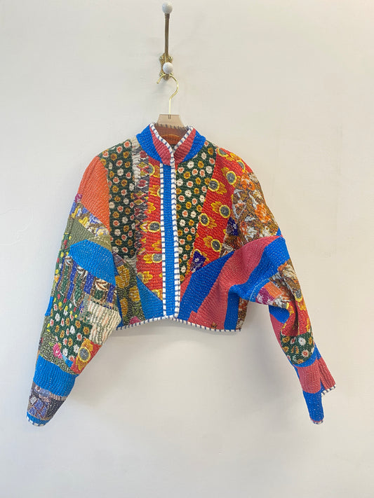 Reversible Kaira Quilted Cropped Jacket in Colors Blue, Yellow, Red, Flowers & Pastel Pink, Blue, Red