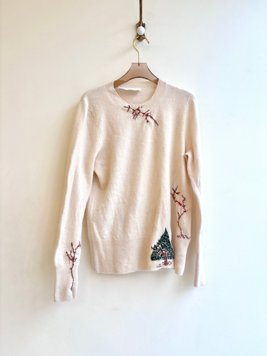 Festive Red & Green Embroidered Cream Cashmere Sweater (Reworked) - Made X Hudson
