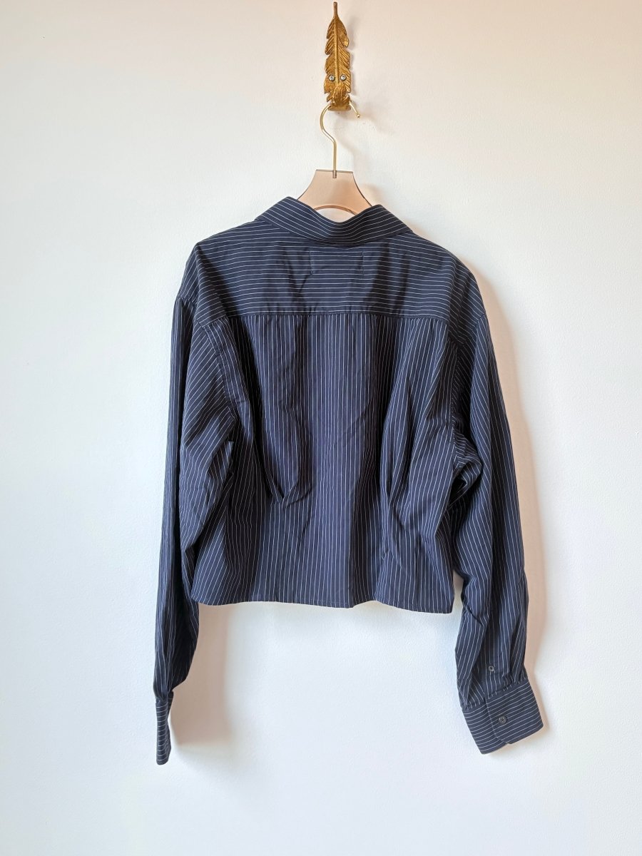 The Kevin Top | Navy w/ Pinstripes Button Down Top w/ Gathered Waist (Reworked) - Made X Hudson