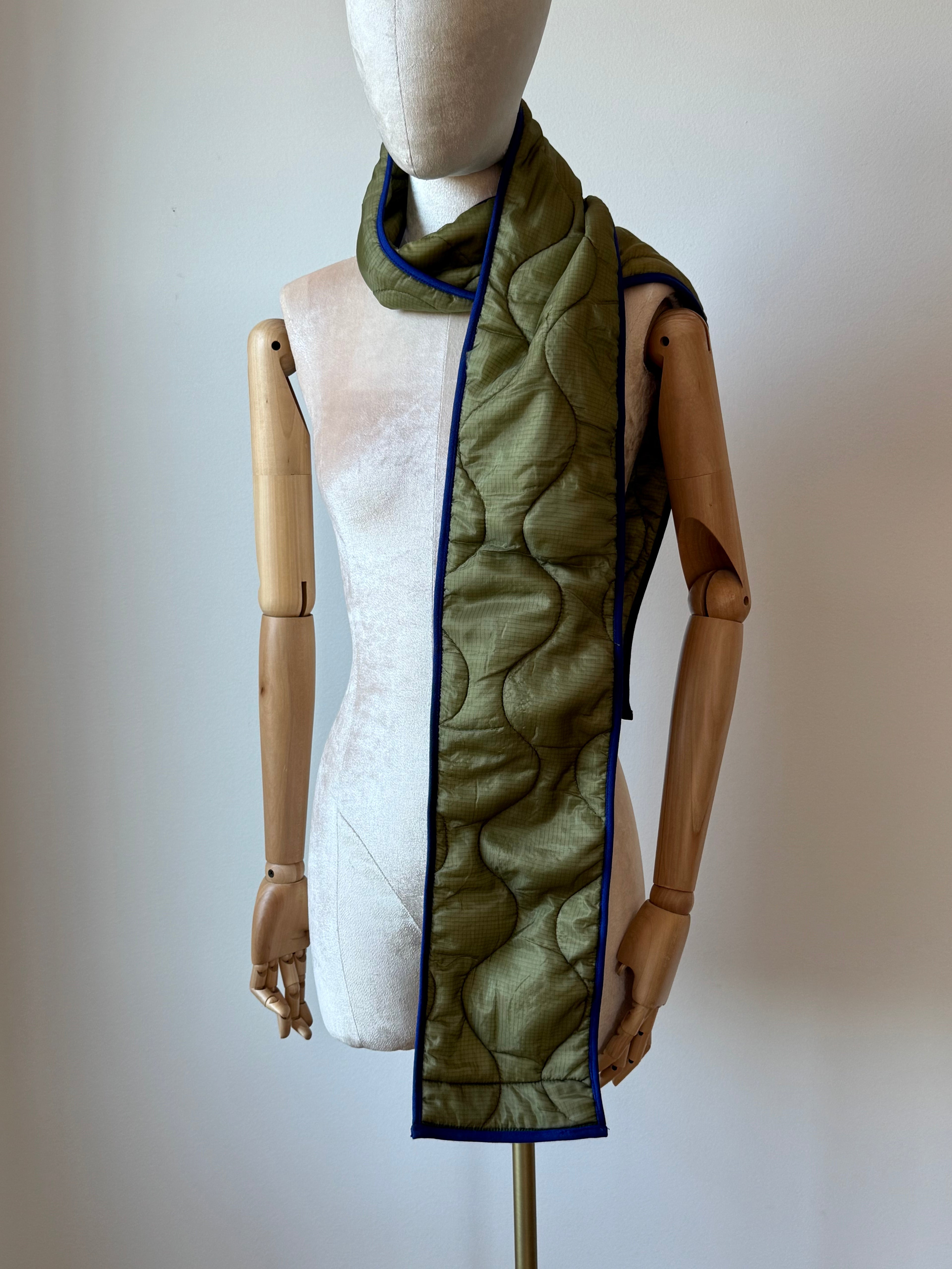 Olive Green Army Liner Quilted Scarf w/ Blue Bias Accent (Reworked)