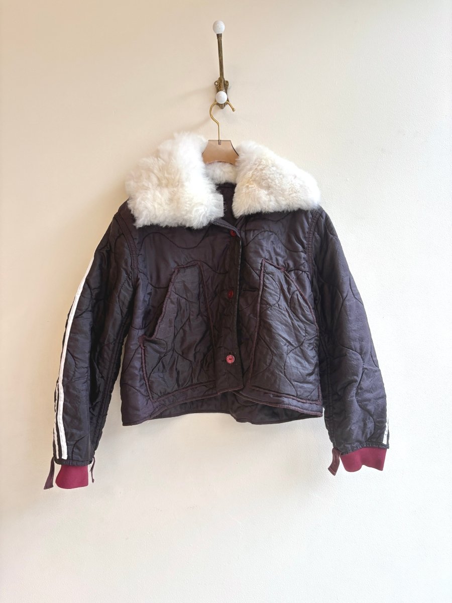 Coco Army Liner Quilted Coat w/ White Alpaca Fur Collar, Red Buttons, & White Stripe (Reworked) - Made X Hudson