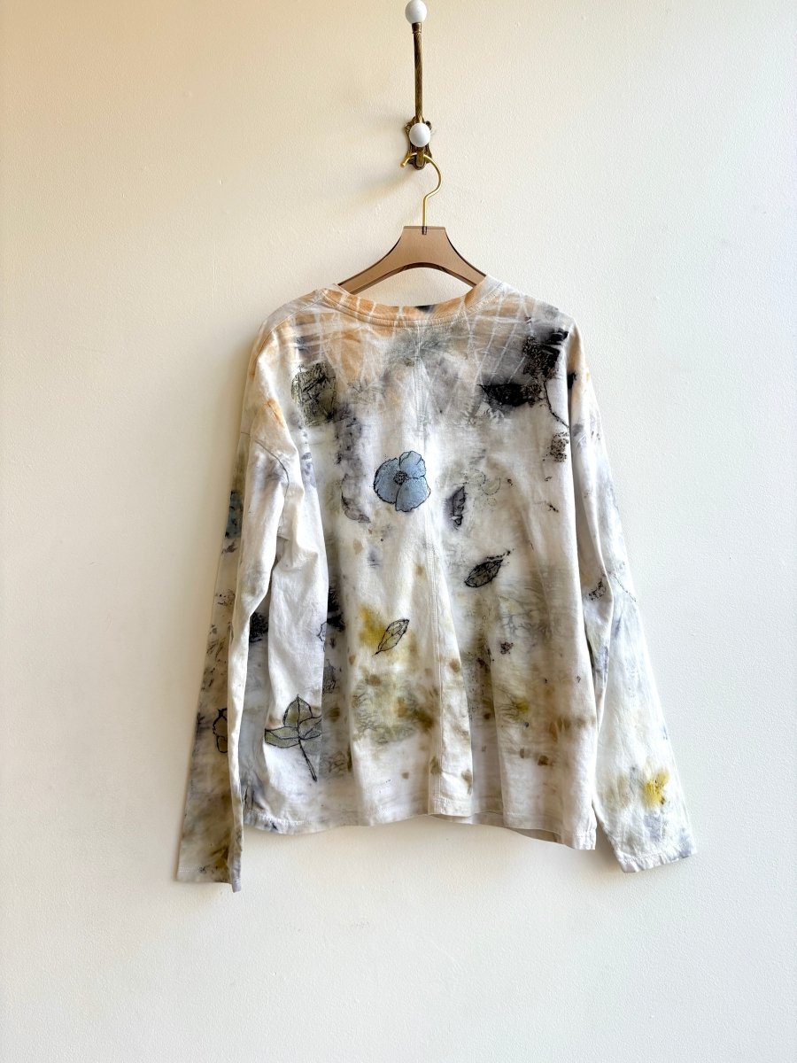 Blue Poppies & Green Eco Printed & Hand Drawn Long Sleeve Top (Reworked) - Made X Hudson