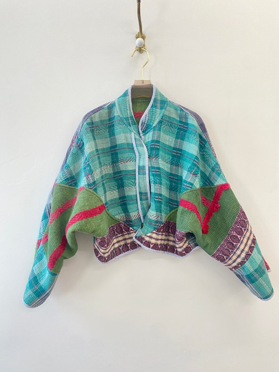 Reversible Kaira Quilted Cropped Jacket in Colors Green & Red Stripe w/ Turquoise Patchwork - Made X Hudson