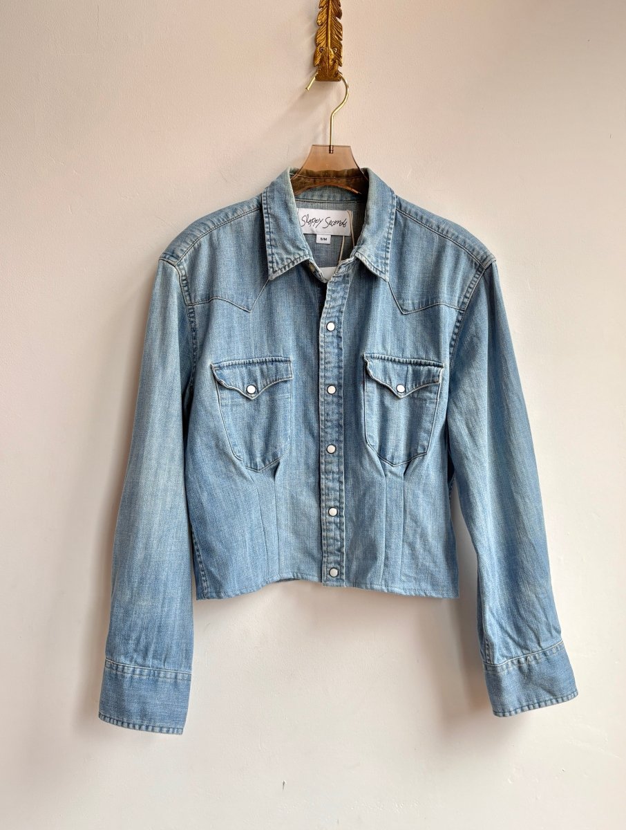 The Kevin Top | Denim Button Down w/ Gathered Waist & White Snaps (Reworked) - Made X Hudson