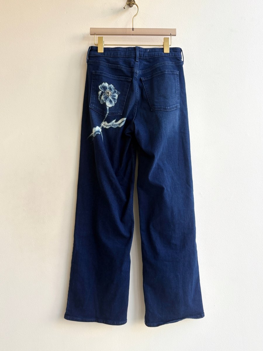 Dark Denim Peony Hand Drawn & Painted Pants (Reworked) - Made X Hudson