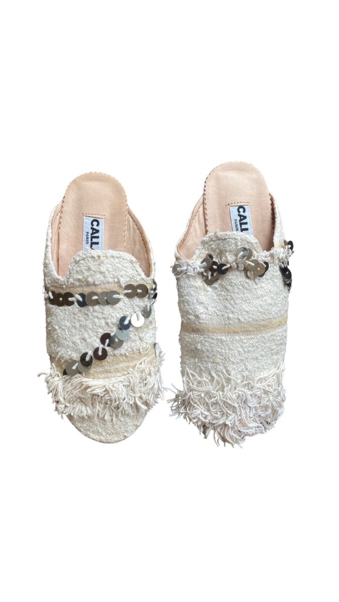 Niki Babouches “Handira III” Flats In Colors Ivory & Tan Hand Beaded (Size 37) - Made X Hudson