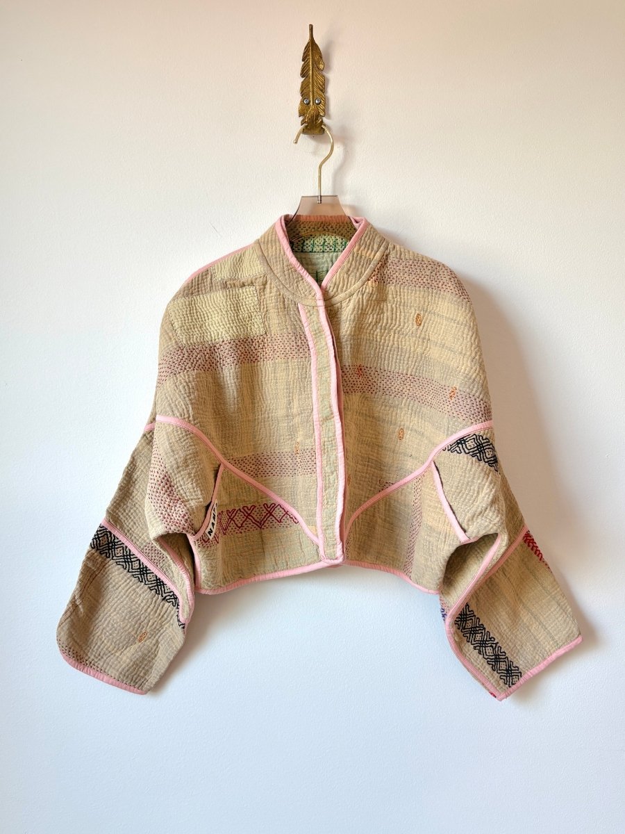Reversible Kaira Quilted Cropped Jacket in Colors Tan, Pale Pink, & Lime - Made X Hudson