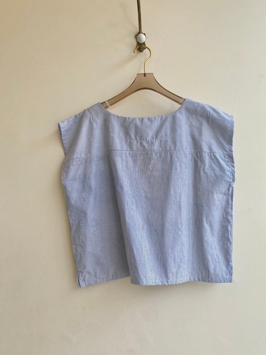 Blue & White Pinstripe Box Top w/ White Embroidered Appliqué - Made X Hudson