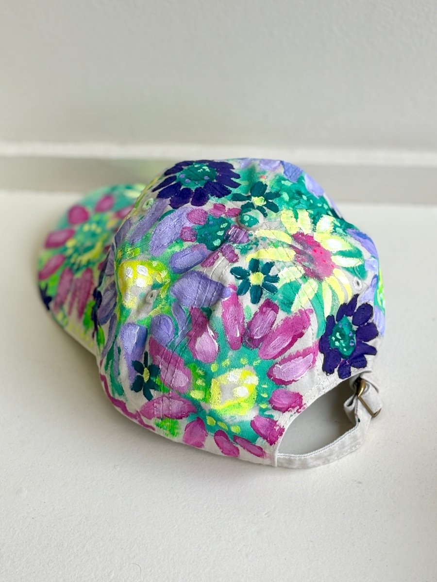 Natural Canvas Hand Painted Neon Purple Flowers Baseball Cap - Made X Hudson