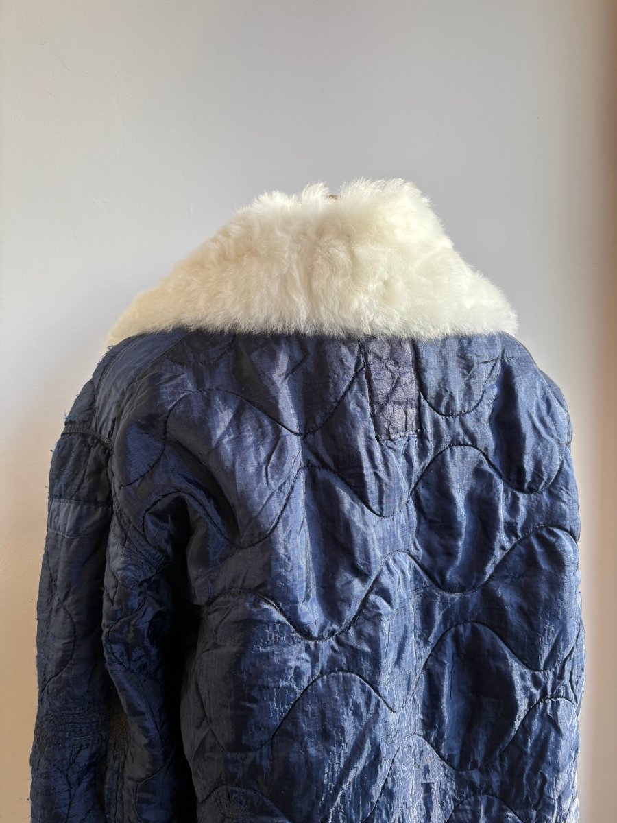 Navy Army Liner Quilted Coat w/ White Alpaca Fur Collar & Twill Tape Ties (Reworked) - Made X Hudson