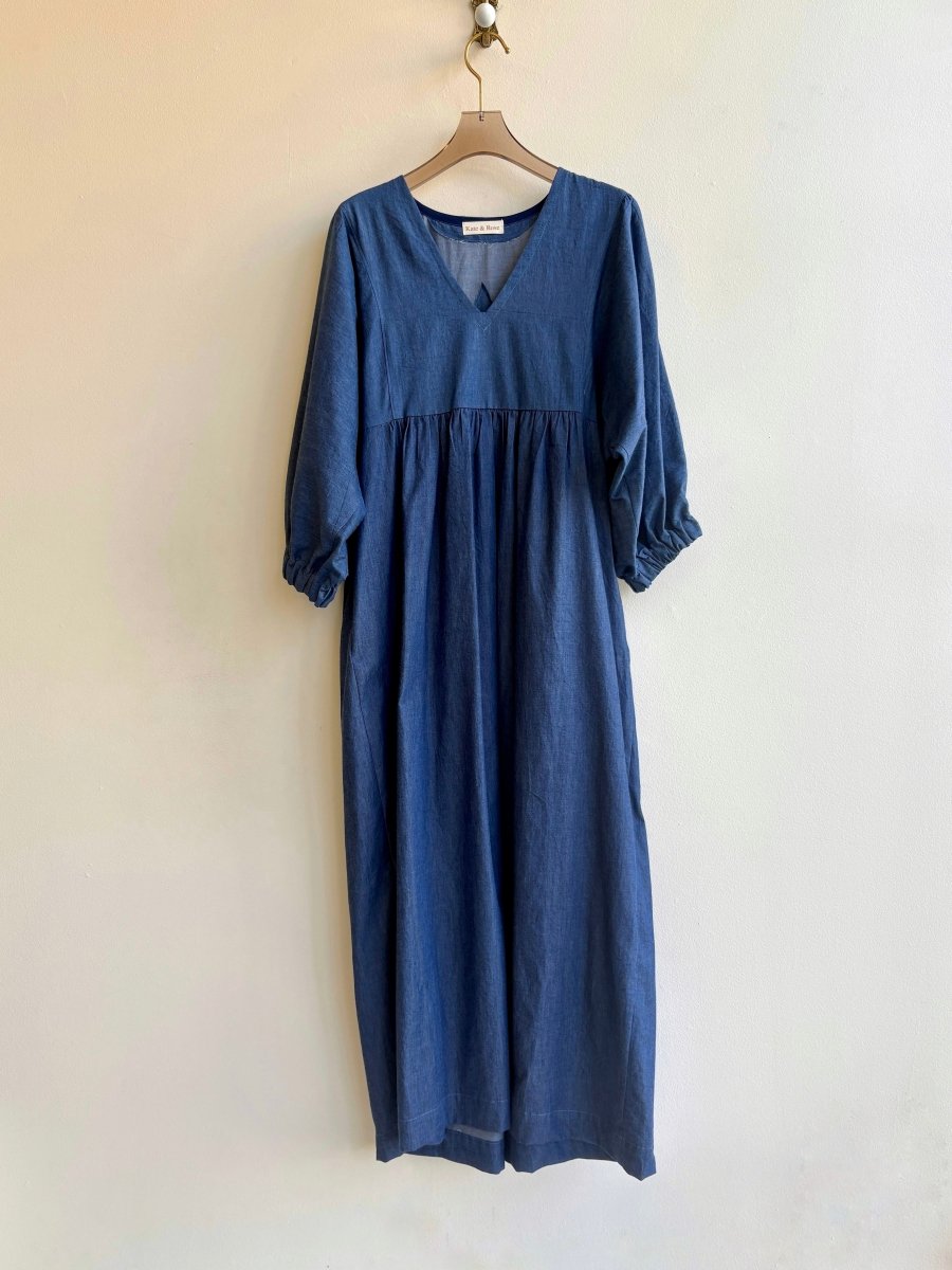 Deep V - Neck Denim Blue Zero Waste Caftan Dress - Made X Hudson