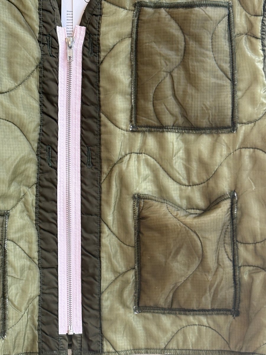 Light Olive Green Army Liner Quilted Vest w/ Offset Pink Zipper & Pockets (Reworked) - Made X Hudson