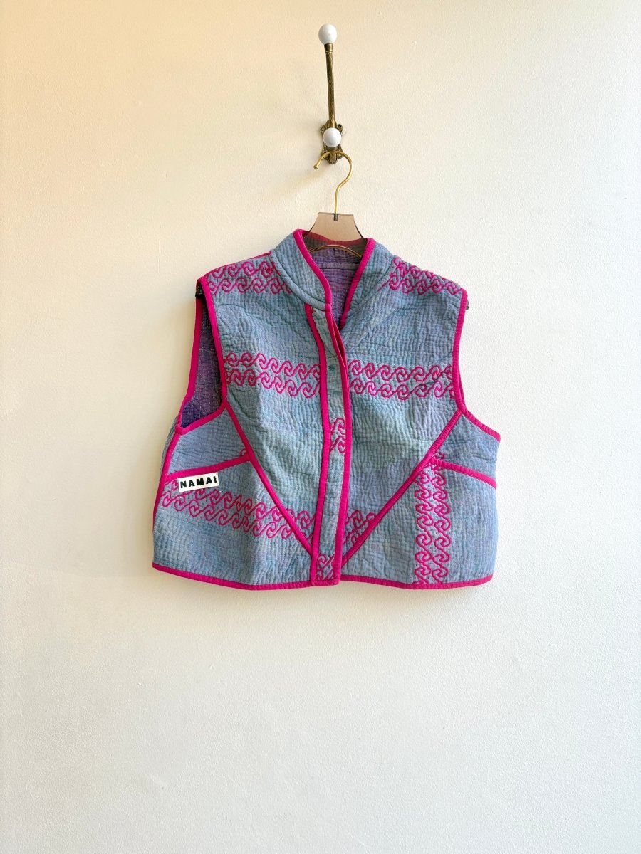 Reversible Kaira Quilted Cropped Vest in Colors Lavender Grey, Bright Pink & Purple - Made X Hudson