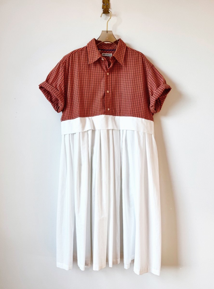 Empire Shirtwaist Dress in Pumpkin, Black, & White Plaid & White w/Short Sleeves (Reworked) - Made X Hudson