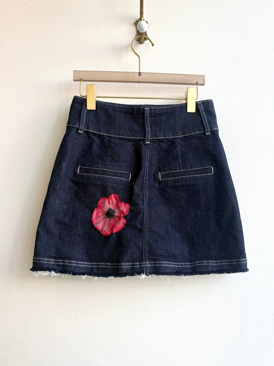 Dark Denim Button Skirt with Embroidered Red Flowers (Reworked) - Made X Hudson