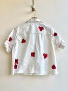 White Denim with Red Flowers Embroidered Short Sleeve Top (Reworked) - Made X Hudson
