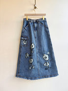 Blue Denim Skirt Bleached Morning Glories w/ Side Pocket (Reworked) - Made X Hudson