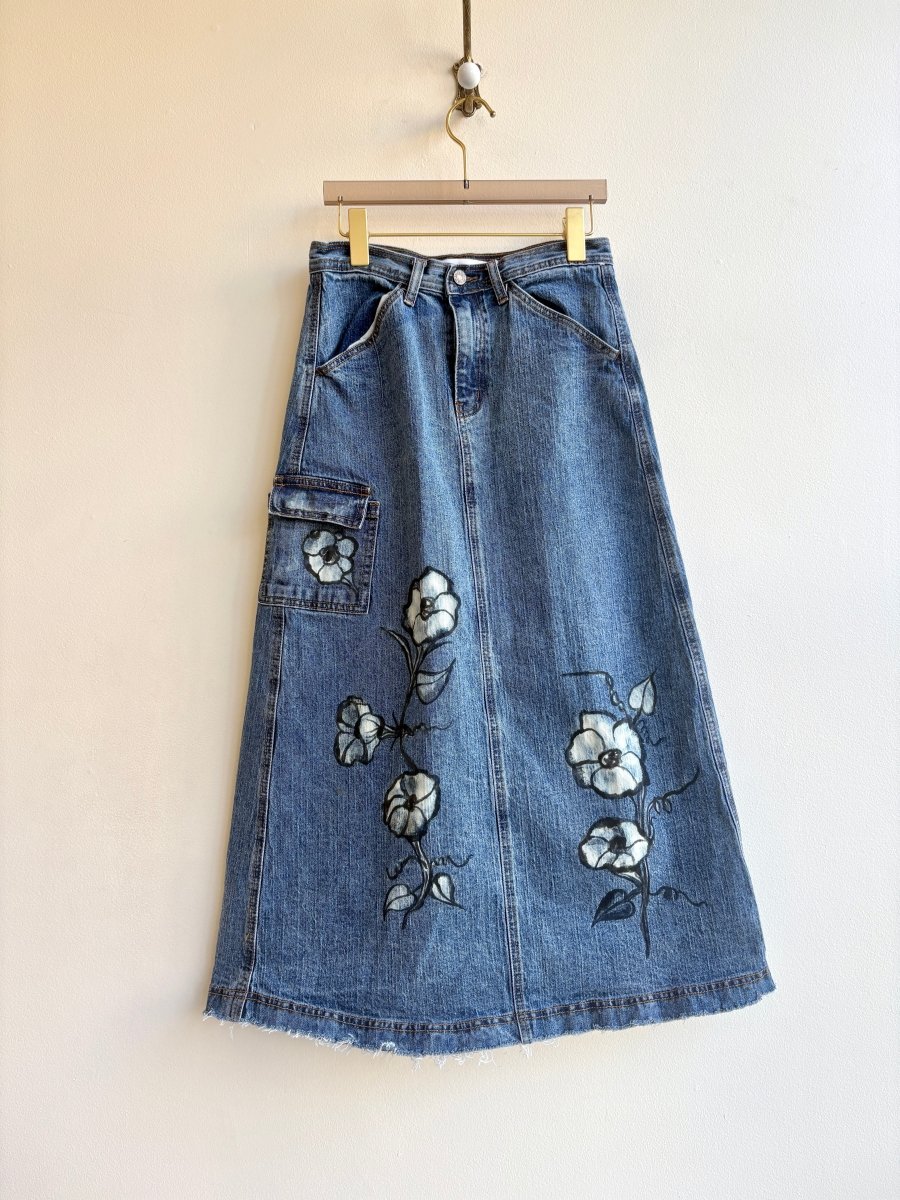 Blue Denim Skirt Bleached Morning Glories w/ Side Pocket (Reworked) - Made X Hudson