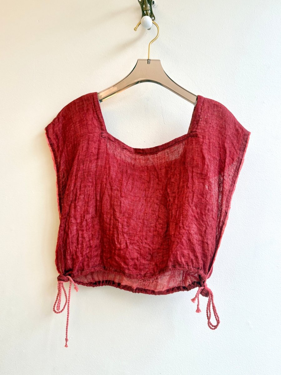 2D Hand Embroidered Chevron Cap Sleeve Adjustable Top | Crimson and Salmon Linen - Made X Hudson