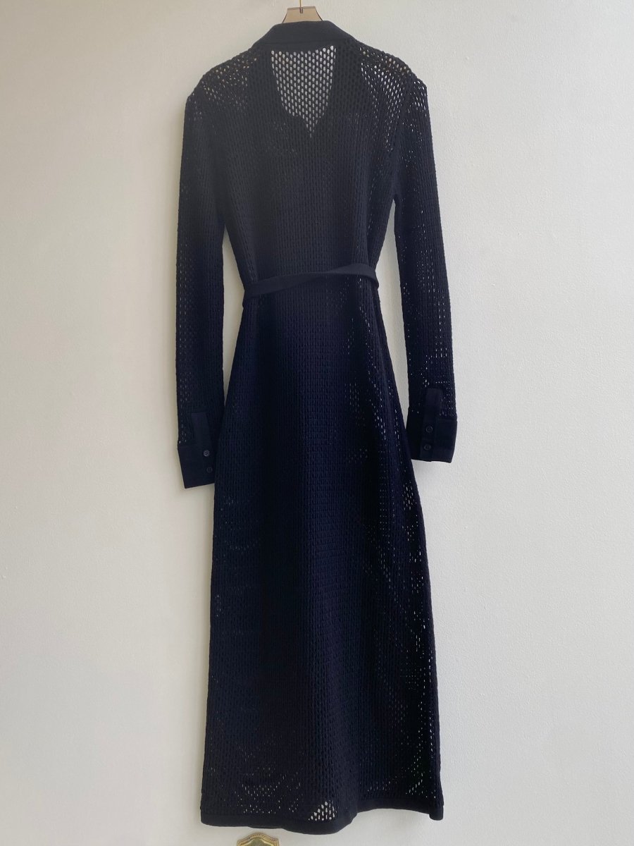 Openwork Knit Button Down Dress w/ Belt (Black) - Made X Hudson