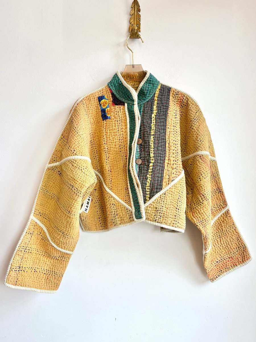 Reversible Kaira Quilted Cropped Jacket in Colors Wheat, Jade Green, Black & Wheat, Red, Orange, Gold - Made X Hudson