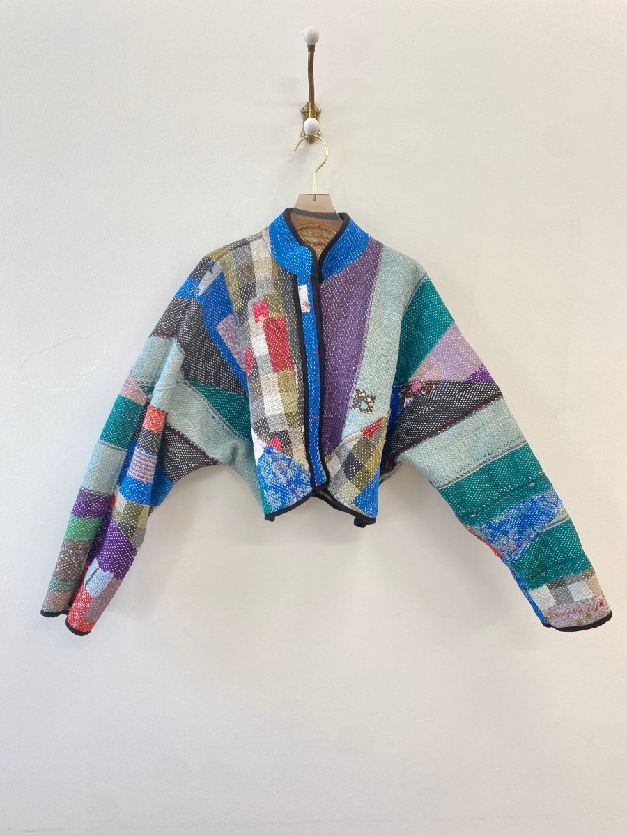Reversible Kaira Quilted Cropped Jacket in Colors Plum, Green, Blue w/ Embroidered Orange Flowers & Lavender, Pink, Yellow, Orange - Made X Hudson