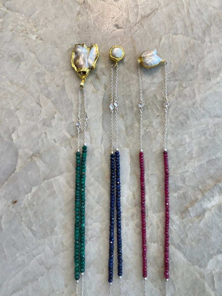 Long Natural Precious Gemstone Silver Necklaces in Multiple Colors w/ Fresh Water Pearls - Made X Hudson