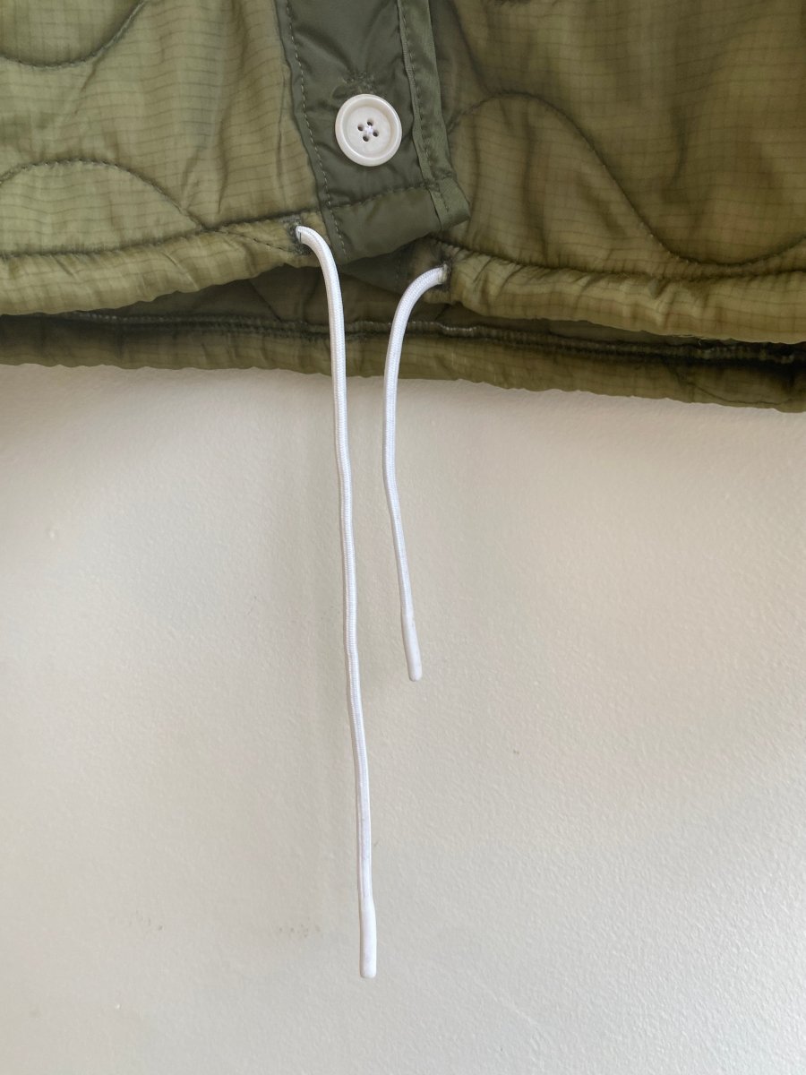 Olive Green Army Liner Quilted Coat w/ White Drawstring & Navy White Striped Sleeves - Made X Hudson