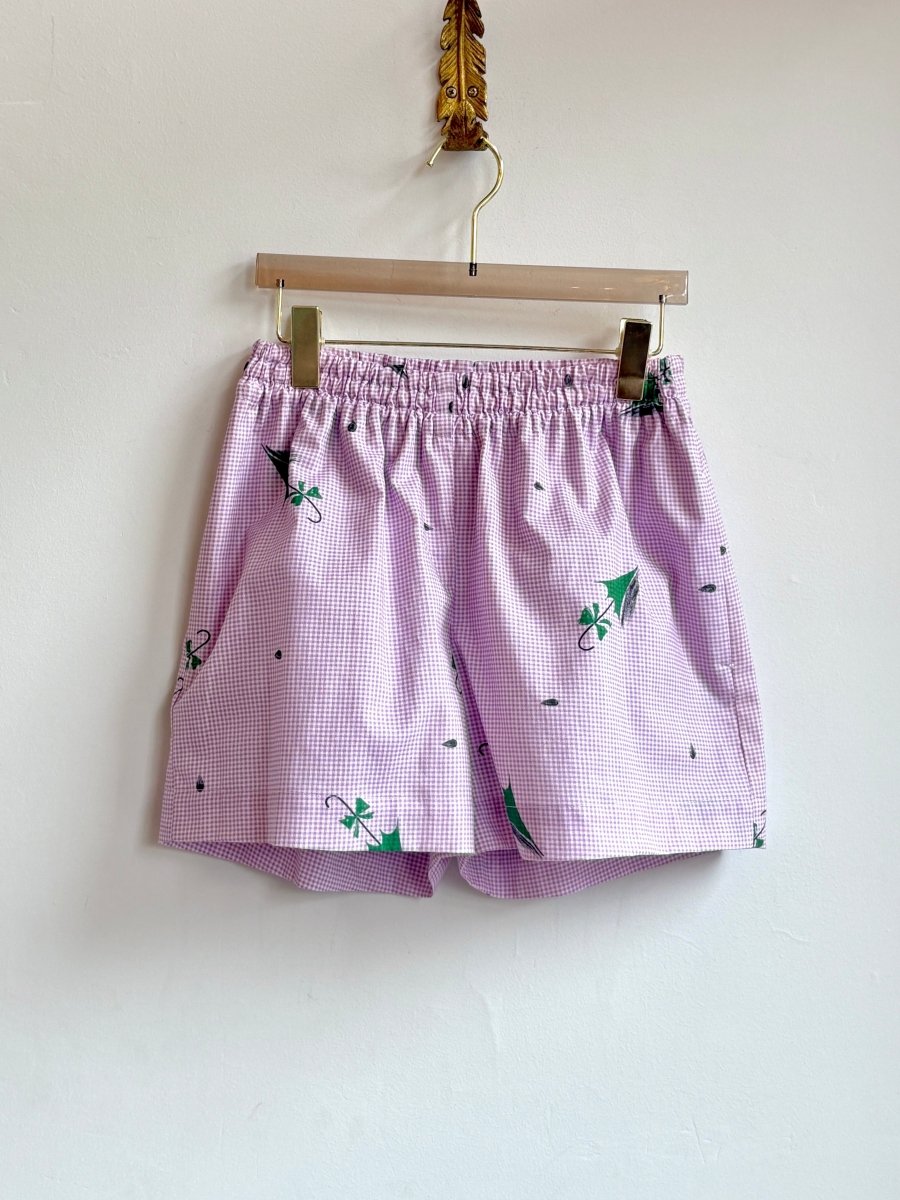 Green Umbrella on Purple Tiny Check Town Shorts - Made X Hudson