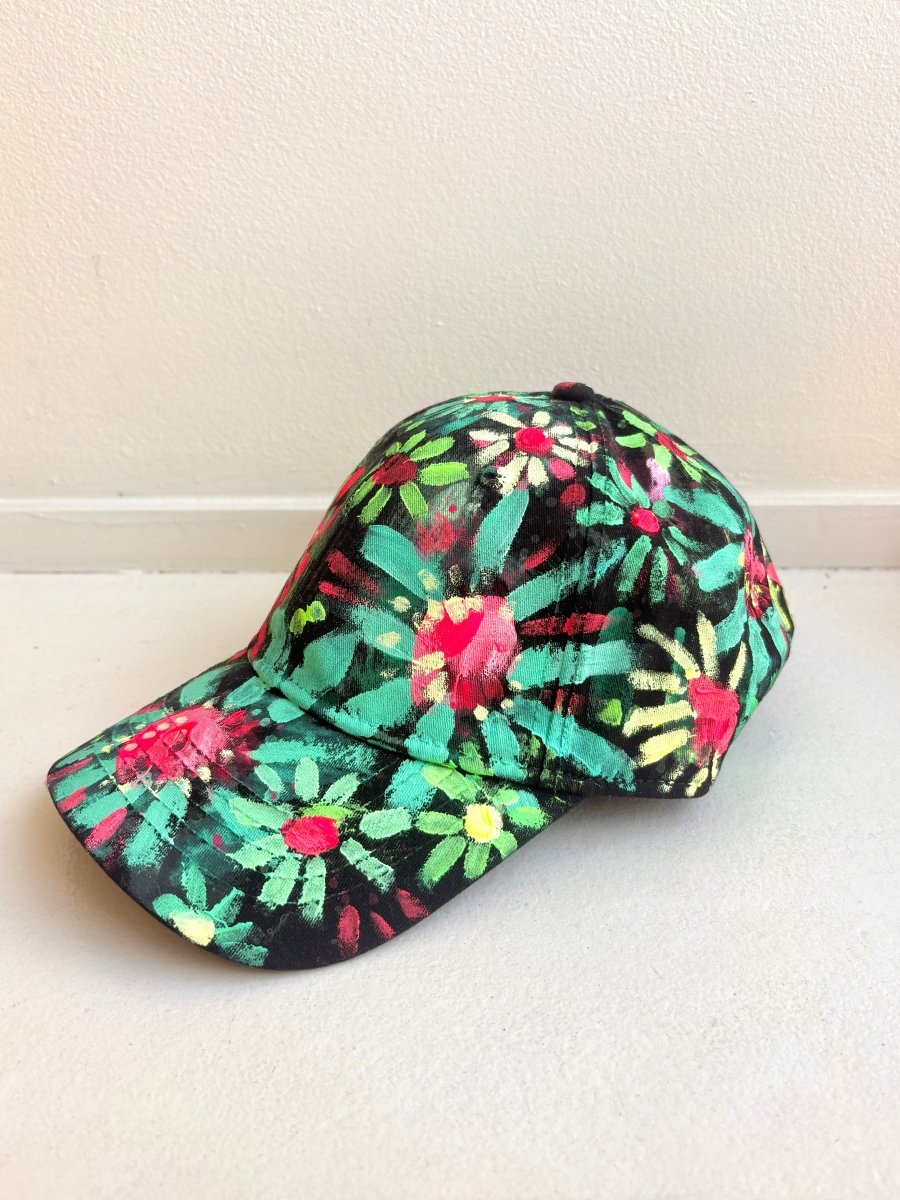 Black Hand Painted Neon Green Flowers Baseball Cap - Made X Hudson