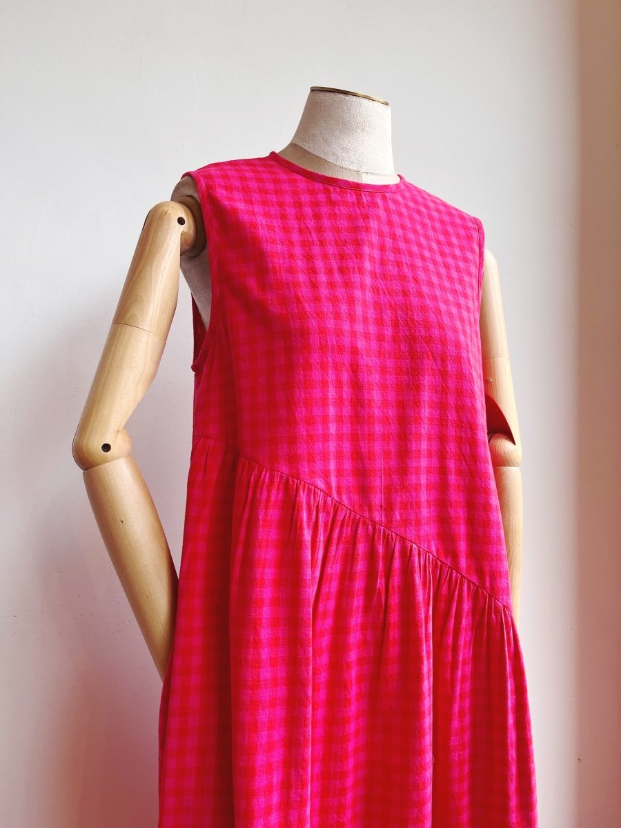Anan Long Gathered Dress in Pink & Red Petunia Check - Made X Hudson