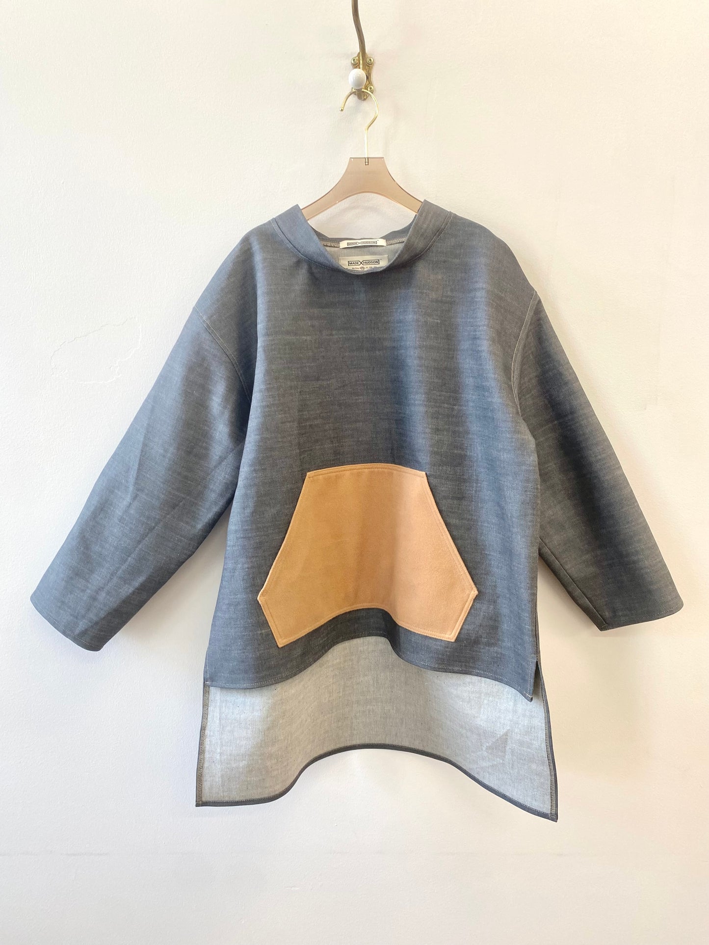 Denim & Camel Deadstock Fabric Hi-Low Sweatshirt w/ Kangaroo Pocket