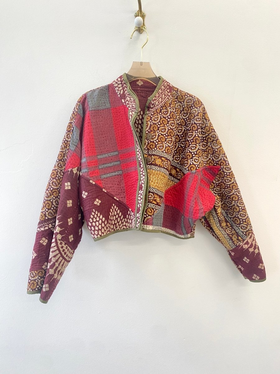 Reversible Kaira Quilted Cropped Jacket in Colors Olive, Red Plaid, & Wine - Made X Hudson