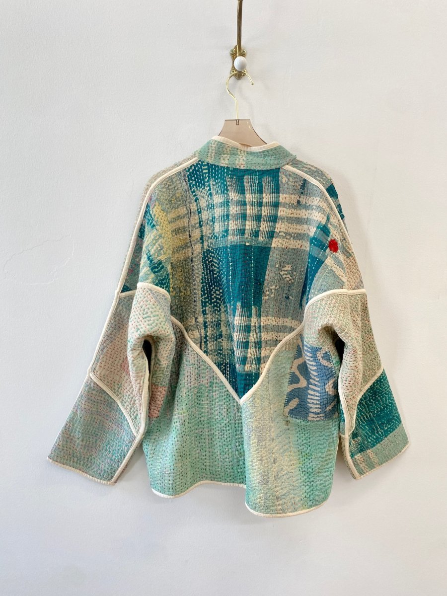 Reversible Ladhiya Quilted Jacket in Colors Baby Blue, Teal, Cream & Cream w/ Blue Stripes - Made X Hudson