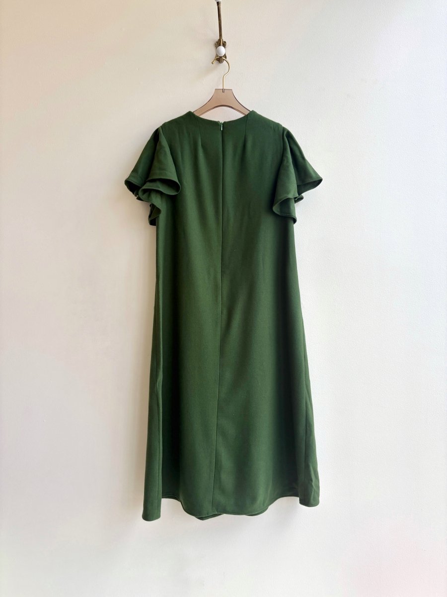 Green Wool Chore Dress with Flutter Sleeve and Patch Pockets - Made X Hudson