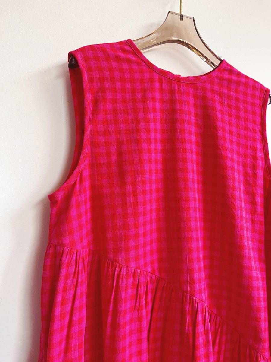 Anan Long Gathered Dress in Pink & Red Petunia Check - Made X Hudson