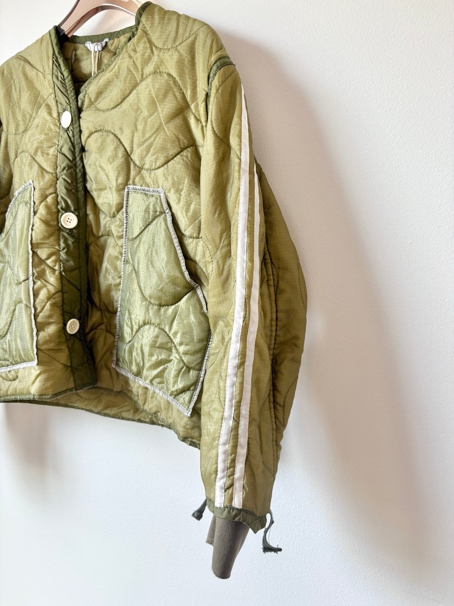 Olive Green Army Liner Quilted Track Jacket w/ Cream Buttons & Reflective Striped Sleeves (Reworked) - Made X Hudson