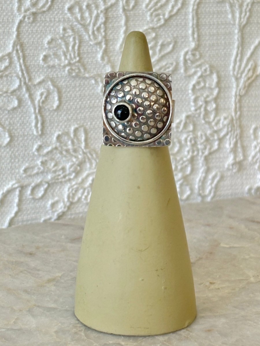 Handmade Sterling Silver Square & Round Cabochon Ring w/ Black Onyx - Made X Hudson