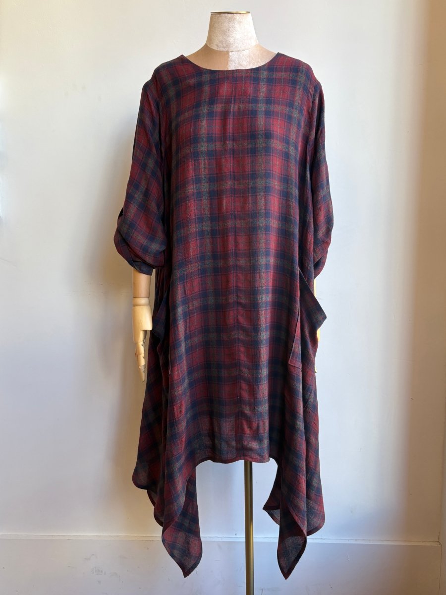 Red & Navy Plaid Handkerchief Hem Dress w/ Patch Pockets - Made X Hudson
